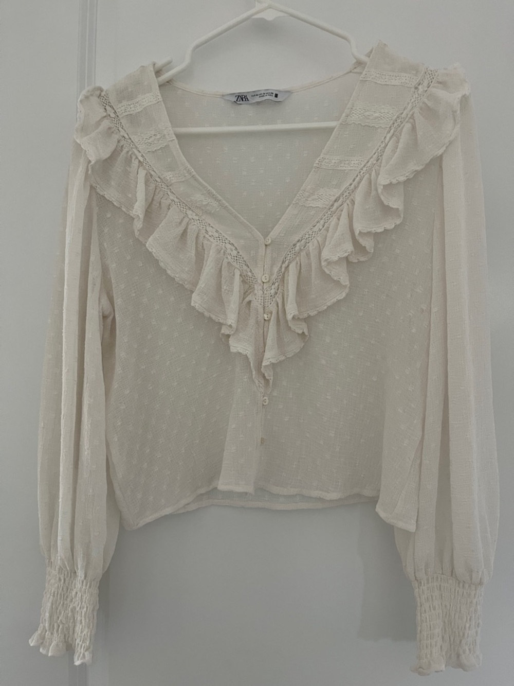 Zara Off-White Ruffle V-Neck Blouse